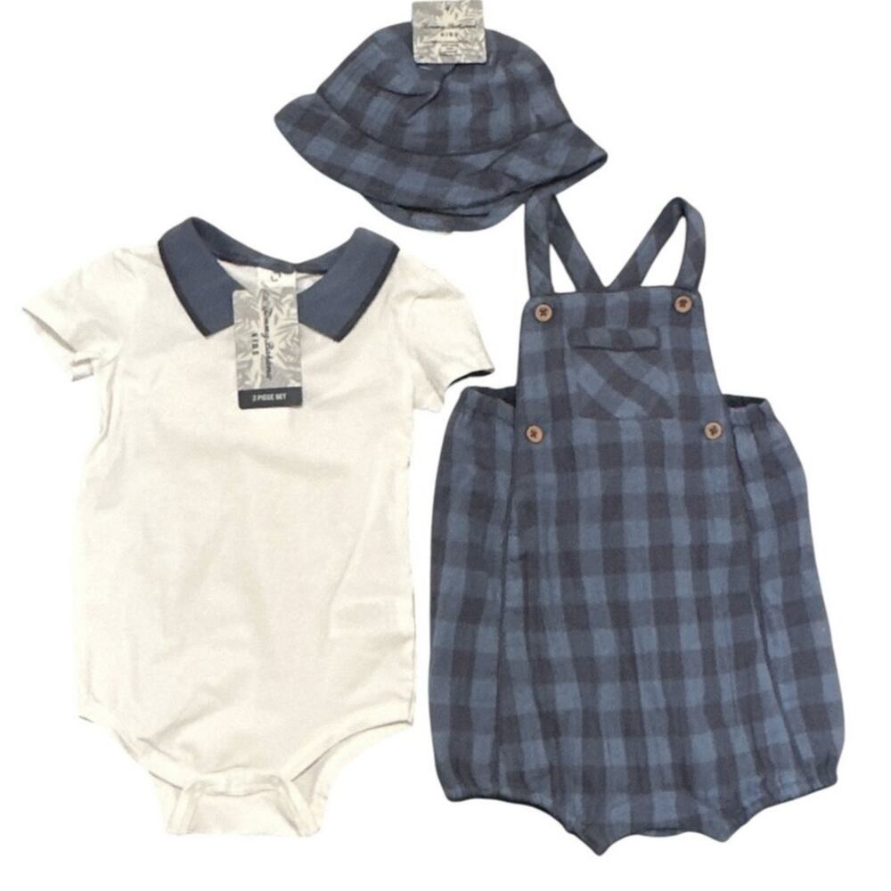 Tommy Bahama Baby Boy 3 Piece Set 18M Blue Plaid Overall Romper Bodysuit Hat NWT